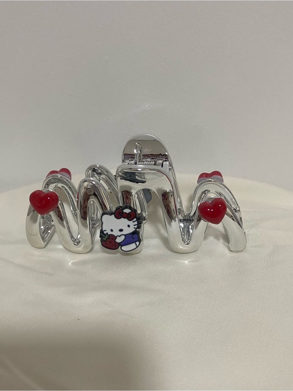 Hello Kitty Silver Wave Hair Clip with Red Heart Accents